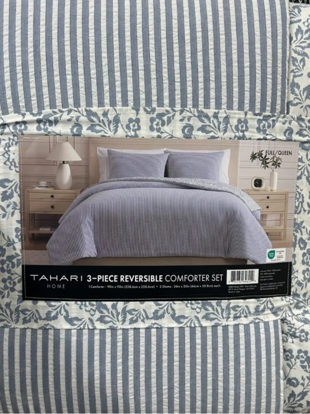 Tahari Blue and White Striped with Floral Reversible Queen Comforter Set 90”x90”